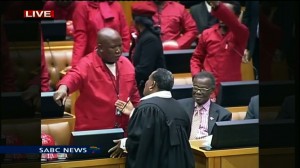Parliament's Serjeant-at-Arms tries to reason with EFF leader Julius Malema.