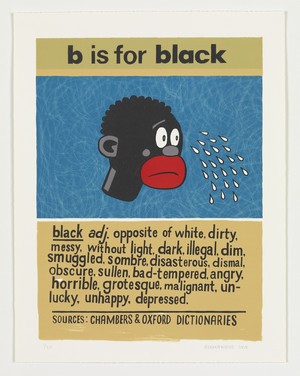 Anton Kannemeyer, B is for Black, From the series Alphabet of Democracy (2008), Lithographic print, 57 x 44.5 cm, University of the Free State Art Collection. Image courtesy of the artist and the Stevenson Gallery